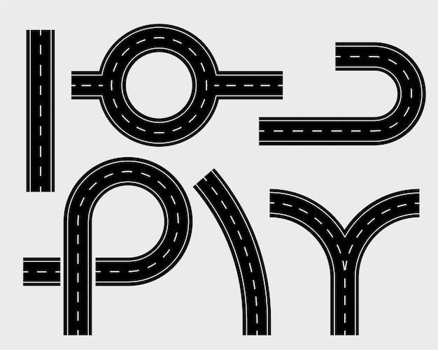 Kostenloser Vektor straßenelemente satz von spuren und kurvenreiche kurve