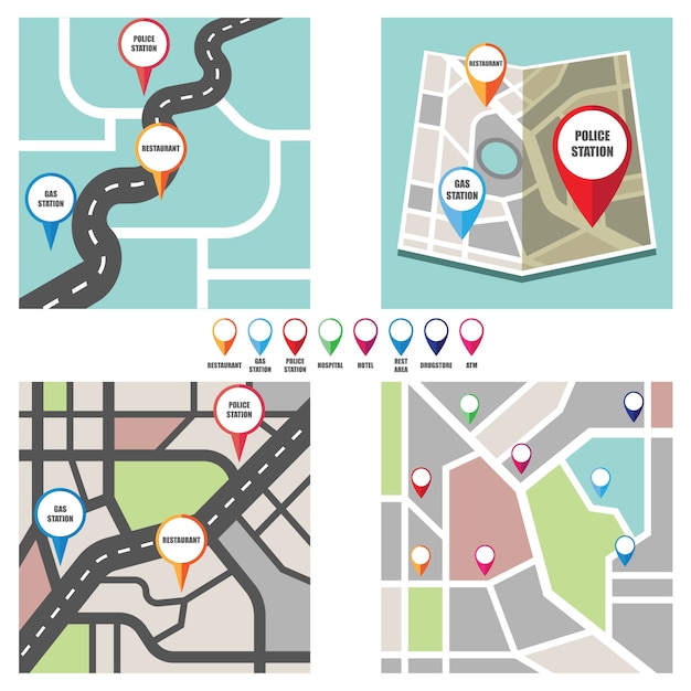 Straßenkarte mit buntem pin-pointer zu wichtigen öffentlichen bereich