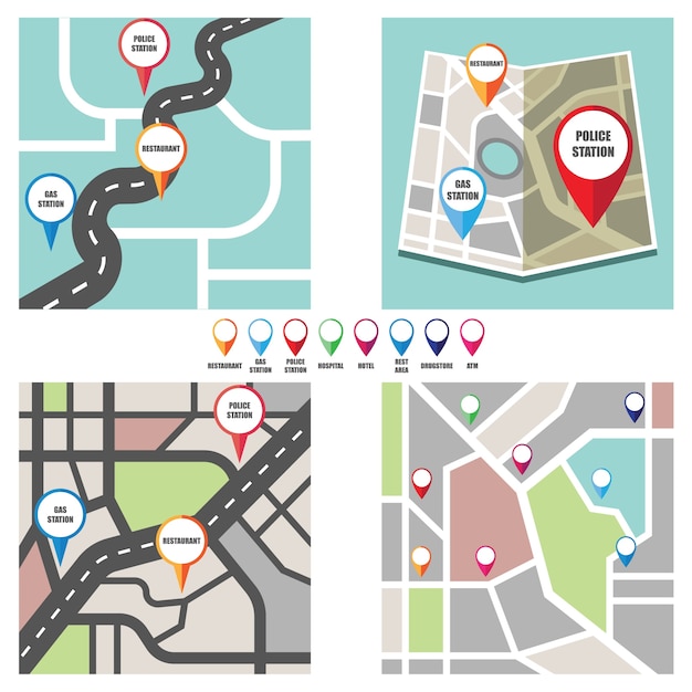 Kostenloser Vektor straßenkarte mit buntem pin-pointer zu wichtigen öffentlichen bereich