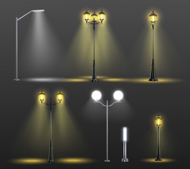 Kostenloser Vektor straßenlaternen realistische komposition mit sechs verschiedenen stilen und licht aus glühbirnen illustration gesetzt
