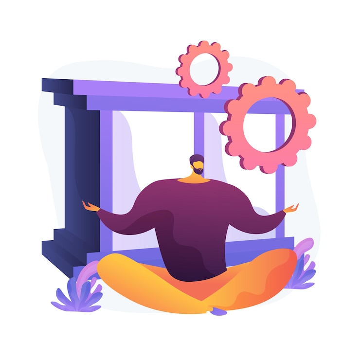 Kostenlose Vektor stressabbau und entlastung. mannkarikaturfigur, die in der lotushaltung sitzt. gleichgewicht zwischen arbeit und ruhe. meditation, entspannung, gleichgewicht. vektor isolierte konzeptmetapherillustration