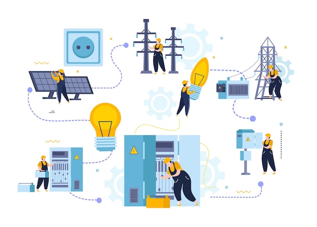 Kostenloser Vektor strom- und beleuchtungsflussdiagramm mit zeichen von elektroinstallateuren mit schalttafeln und infrastrukturelementen