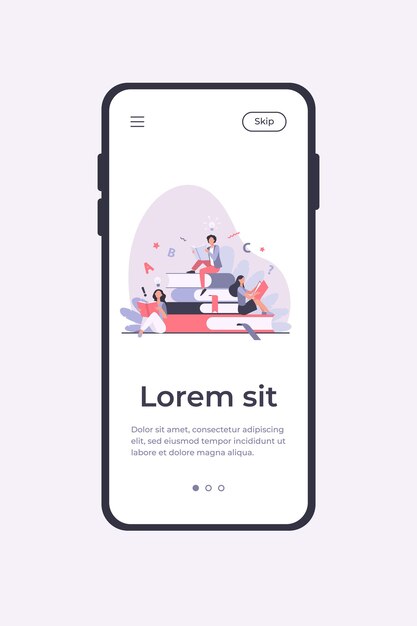 Studenten, die Lehrbücher studieren. Frau sitzt auf Stapel Bücher und liest. Vektorillustration für Bibliothek, Bücherwurm, Buchhandlungskonzept mobile App-Vorlage