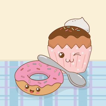 Süße donuts und cupcake kawaii-figuren