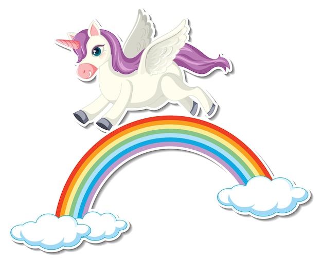 Kostenloser Vektor süße einhorn-sticker mit einem pegasus, der über den regenbogen fliegt