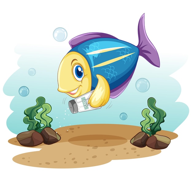 Kostenloser Vektor süße fisch-cartoon-figur mit salzflasche