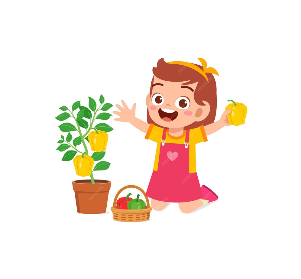 Süße kleine mädchen ernten paprika im garten PremiumVektor