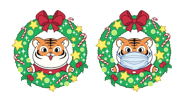 Süße kleine tiger mit weihnachtskostüm und medizinischer maske. doodle-cartoon-stil.