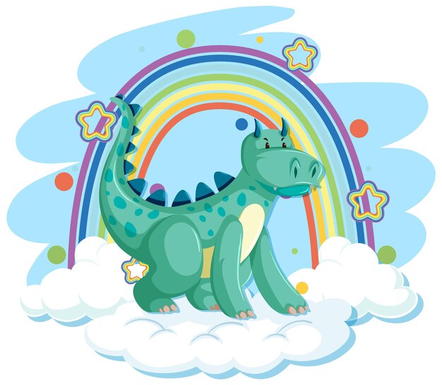 Süßer grüner Drache auf der Wolke mit Regenbogen