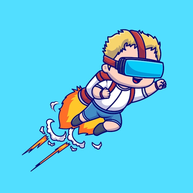 Kostenloser Vektor süßer junge, der mit rakete fliegt und eine vr-brille trägt cartoon vector icon illustration. leute techno