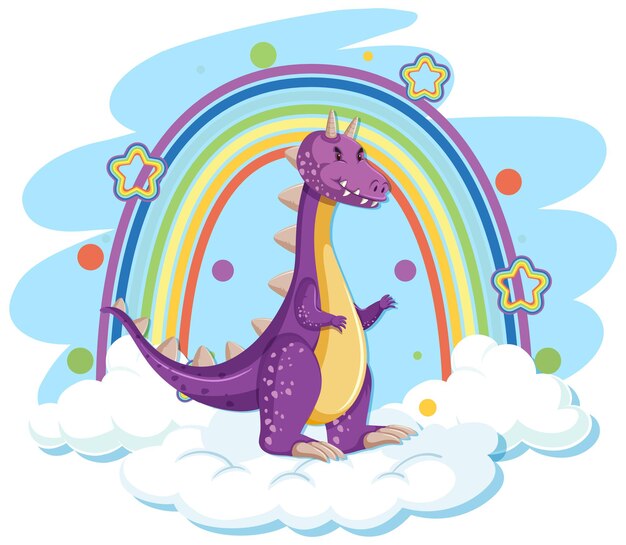 Süßer lila Drache auf der Wolke mit Regenbogen