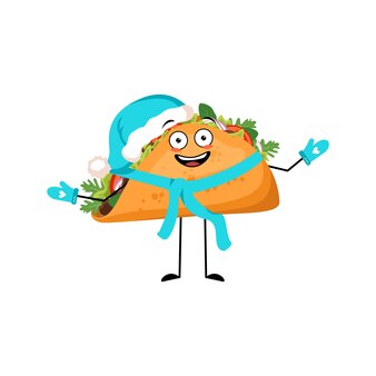 Süßer mexikanischer taco mit fröhlichen emotionen, glücklichem gesicht, lächeln, augen, armen und beinen in weihnachtsmütze mit schal und fäustlingen. fast-food-person mit panikausdruck, sandwich mit fladenbrot.
