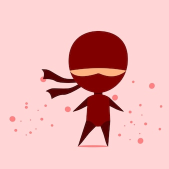 Süßer ninja-krieger in roter kleidung mit ruhigem rosa hintergrund premium-vektor