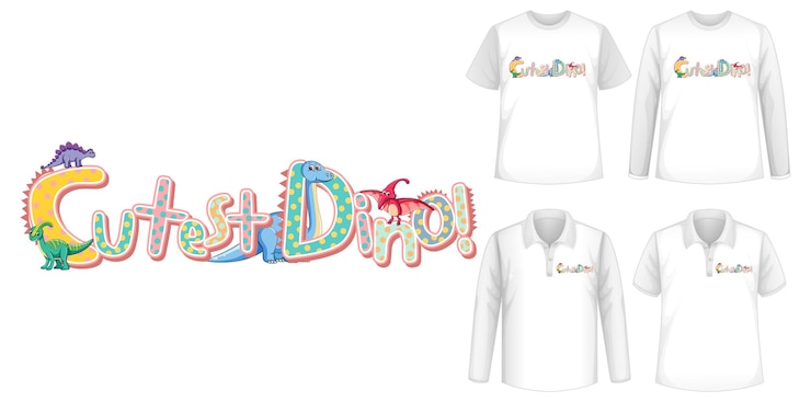 Kostenlose Vektor süßeste dino-schrift und dinosaurier-cartoon-charakter-logo mit verschiedenen arten von hemden