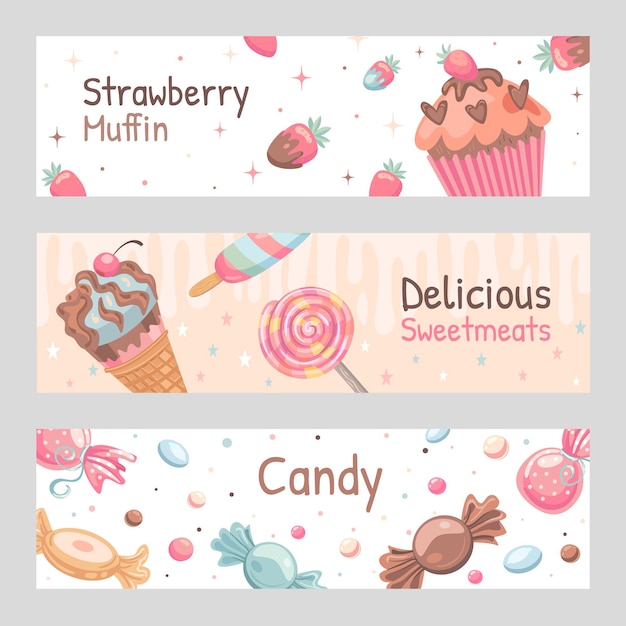 Süßigkeiten banner gesetzt. süßigkeiten, eiscreme, erdbeermuffinillustrationen