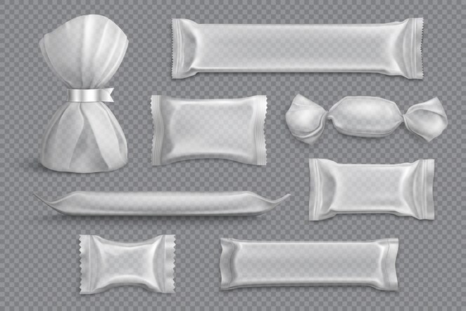 Sussigkeiten Verpackung Liefert Produkte Leer Mockup Proben Sammlung Auf Transparent Mit Folienverpackungen Realistisch Kostenlose Vektor