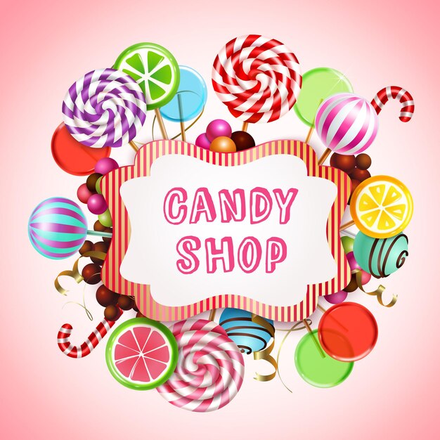 Süßigkeitsshopzusammensetzung mit realistischen süßen Karamellprodukten und Lutschbonbons mit Text im Rahmen