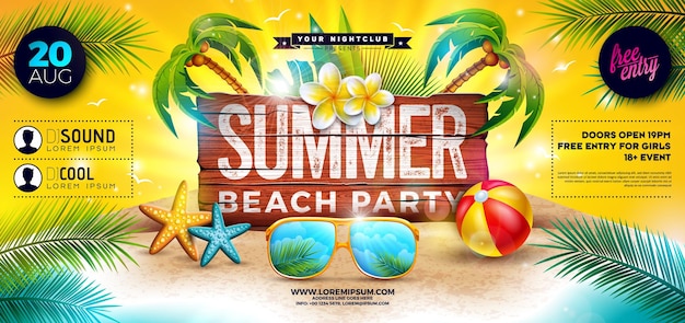 Summer Beach Party Banner Flyer Design mit Sonnenbrille und Wasserball auf Tropical Island