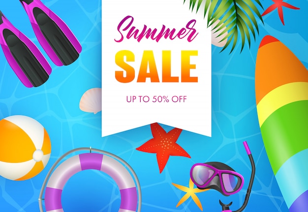 Summer Sale Schriftzug, Tauchermaske, Flossen und Surfbrett