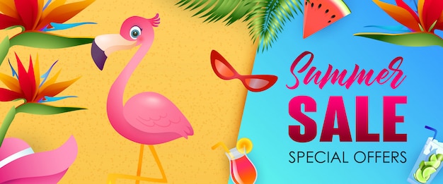 Summer sale, sonderangebote schriftzug mit niedlichen flamingo