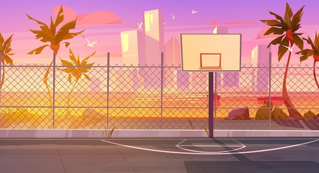 Kostenloser Vektor sunset street basketballplatz und cityscape skyline außenspielplatz für basket-sport-spiel in der nähe der meeresküste cartoon vektor-hintergrund leere schulmannschaft arena stadion küste sonnenuntergang wolkenkratzer ansicht