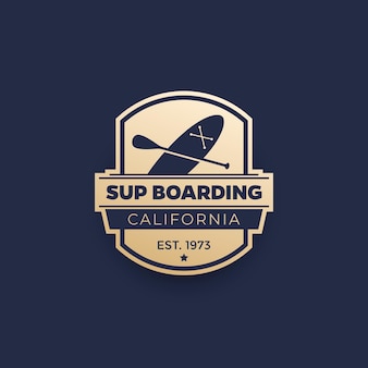 Sup boarding logo, vektoremblem mit board und paddel
