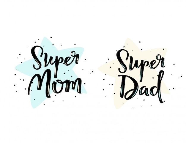 Super mama und super papa handschriftliche kalligraphische sätze. Premium Vektoren