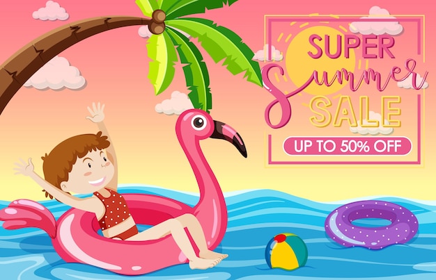 Super summer sale banner mit einem glücklichen mädchen am strand