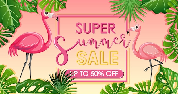 Super summer sale banner mit flamingo und tropischen blättern