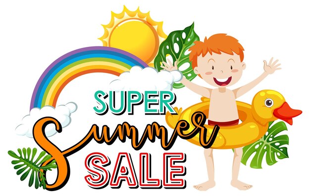 Super Summer Sale-Logo-Banner mit einem Jungen-Cartoon-Charakter