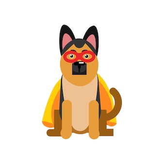 Superheldenhund, schäferhund, der eine orangefarbene umhangvektorillustration trägt, die auf einem weißen hintergrund lokalisiert wird