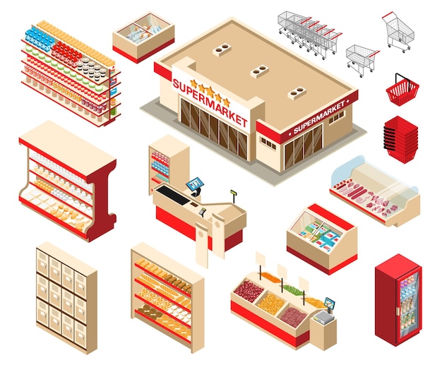 Kostenloser Vektor supermarkt-interieur, isometrischer satz obst- und gemüsetabletts, frische tresentheke und kassen isoliert auf weißem hintergrund, vektorillustration