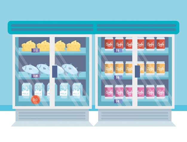 Kostenloser Vektor supermarktkühlschrank mit produkten
