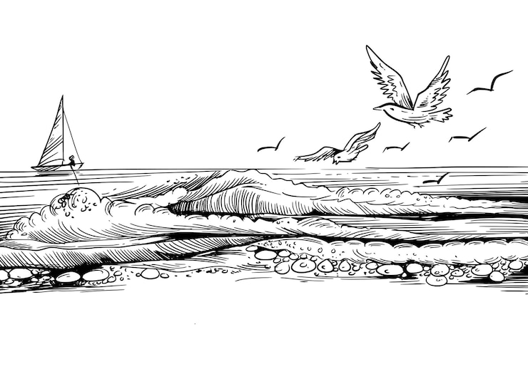Kostenlose Vektor surfstrandlandschaft skizze wasserwellen sommerdesign