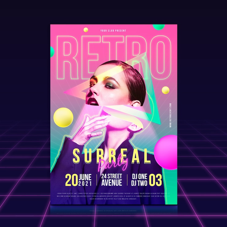 Kostenlose Vektor surreales partyplakat mit datum und uhrzeit