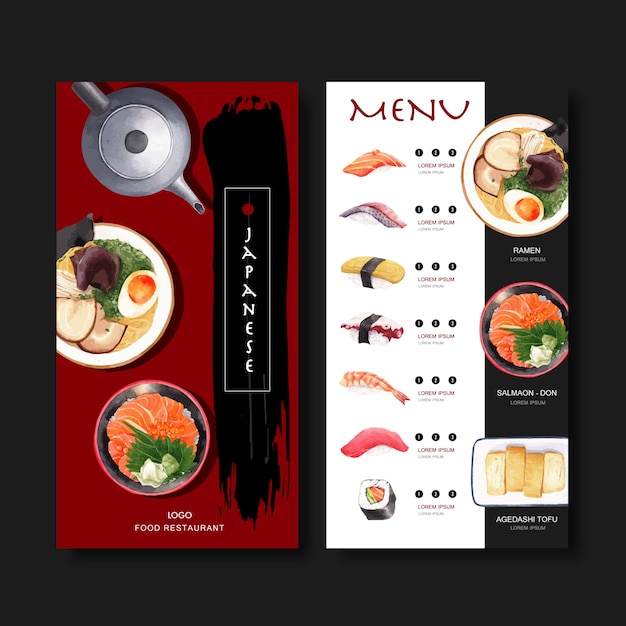 Kostenloser Vektor sushi-menüsammlung für restaurant. vorlage mit essen aquarell illustrationen.