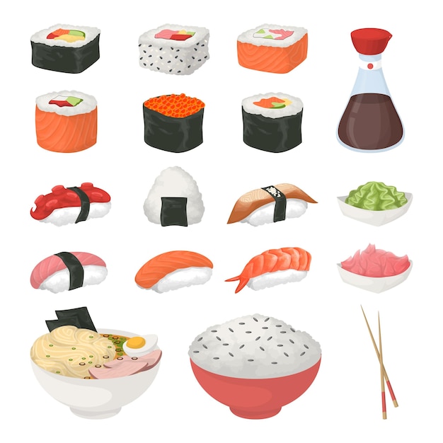 Sushi-Set auf weißem Hintergrund Brötchen und Sushi Sashimi und Suppe Sojasouce