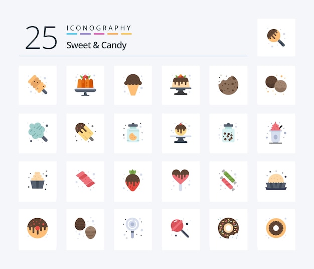 Sweet and candy 25 flat color icon pack mit keksen, süßem essen, kuchen