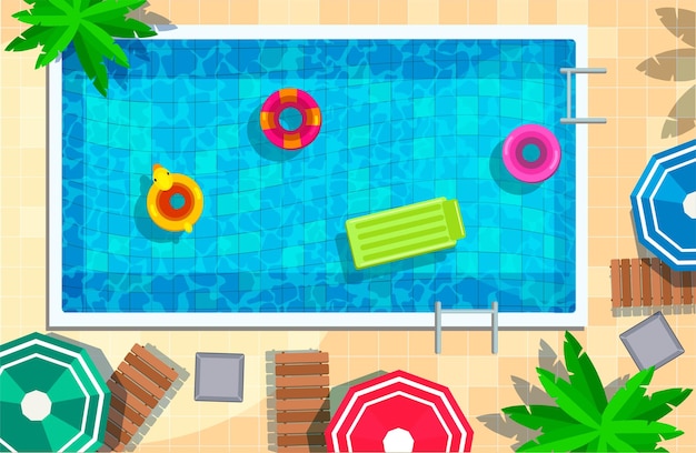 Swimmingpool im Draufsichthintergrund Ruhe- und Entspannungsbereich Ort für Sommerspaß und Partys Sonnenliegen am Pool, Luftmatratze und schwimmende Ringe, Sonnenschirme, Strandobjekte