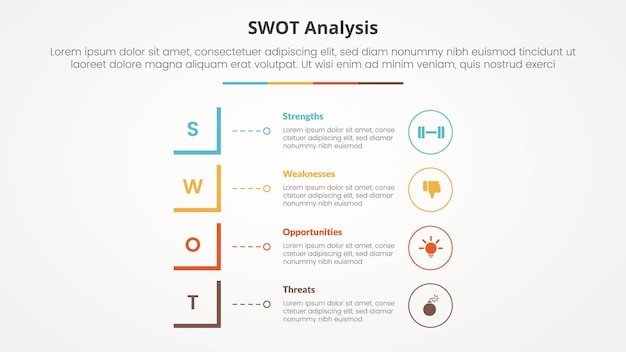 Kostenloser Vektor swot-geschäftsrahmen strategische infographik-vorlage konzept für folienpräsentation mit modifizierter quadratischer form vertikaler stapel mit 4-punkte-liste mit flachem stilvektor