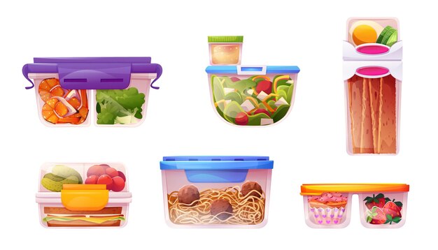 Symbol-Vektorillustration für Vorratsbehälter für Mittagessen aus Kunststoff. Isolierte Glaspackung für gekochtes Gemüse und Obst für Picknick-Cartoon-Clipart-Set. Vorbereitete Reste mit Salatdessert und Fleischbällchen