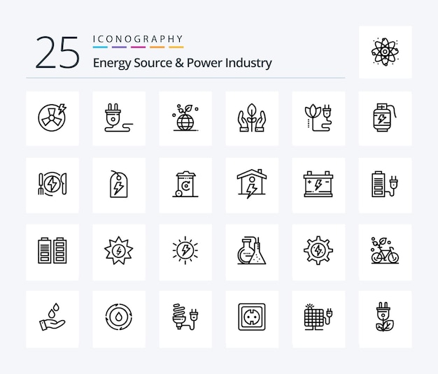 Symbolpaket für Energiequellen und Energiewirtschaft mit 25 Linien, einschließlich Biomasse-Handpflanzenglobus