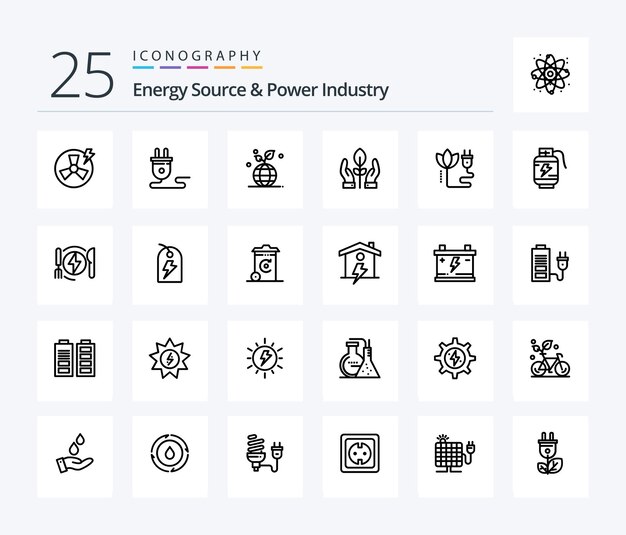 Symbolpaket für Energiequellen und Energiewirtschaft mit 25 Linien, einschließlich Biomasse-Handpflanzenglobus
