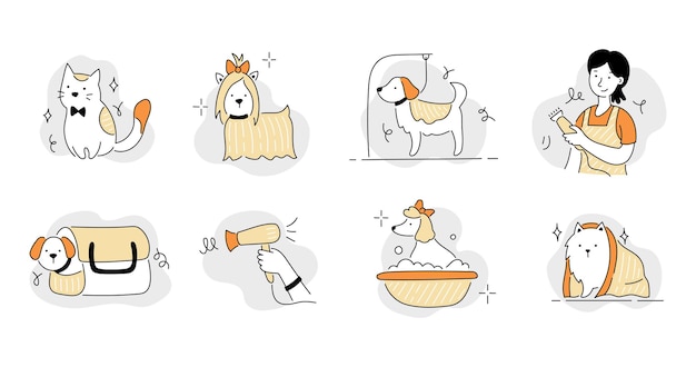 Symbolsatz für den haustierpflegesalon süßer hund schönheitspflegesalon waschen pflegehaar der haustier-doodle-linie Premium Vektoren