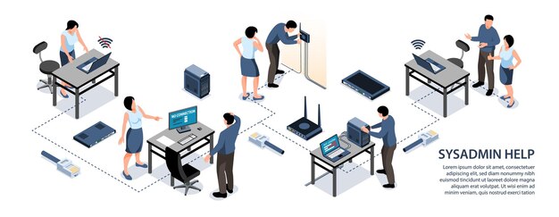 Sysadmin hilft Büroangestellten beim Reparieren der 3D-isometrischen Infografiken-Illustration der Internetverbindung