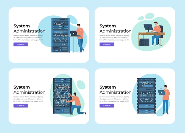 Systemadministrator-flachkarten mit horizontalen webseiten mit bearbeitbaren, anklickbaren textlinks und doodle-bildern, vektorgrafik