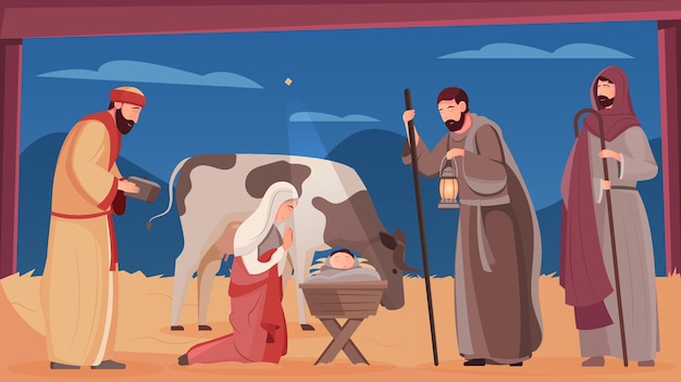 Szene der geburt jesu christi in der flachen illustration der hölzernen krippe