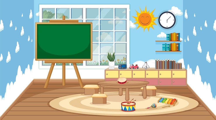 Kostenlose Vektor szene des klassenzimmers mit tafel und tisch