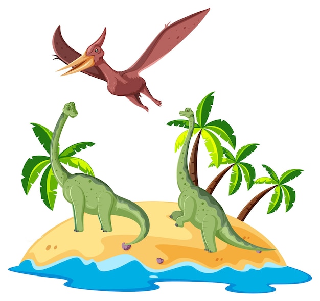 Szene mit Dinosauriern Brachiosaurus und Pteranodon auf der Insel