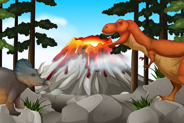 Szene mit dinosauriern und vulkan